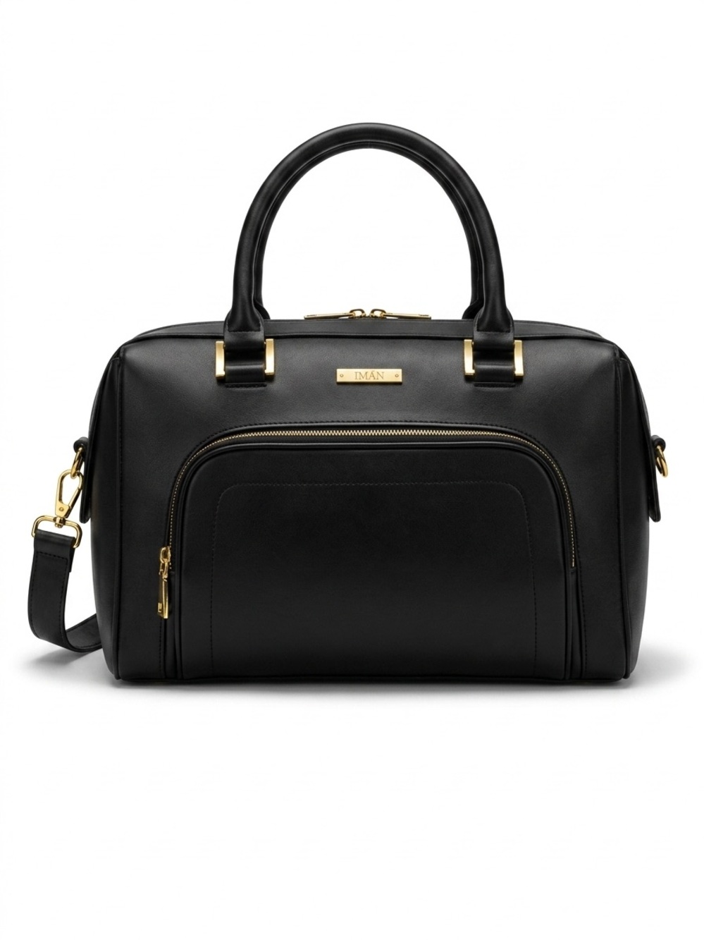 IMAN Black Faux Leather Gold Hardware Satchel Weekender Travel Bag